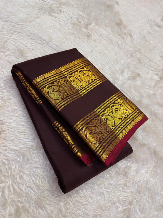 Deep chocolate brown Rettapet Pure Silk Kanjeevaram saree