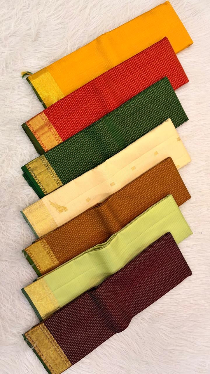 Deep Cocoa Brown Kanchipuram silk saree draped, full length view — Idam Living