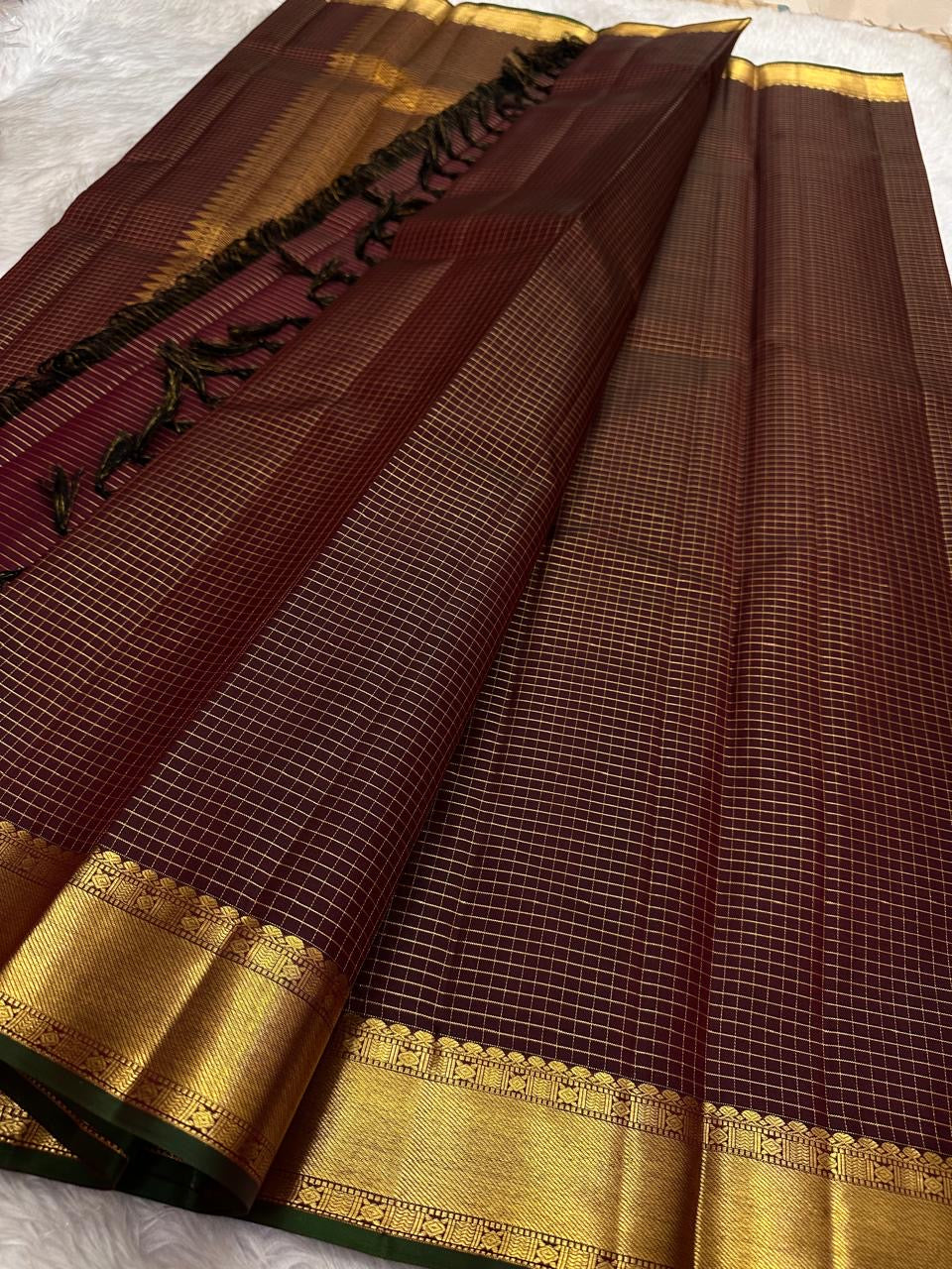 Deep Cocoa Brown Kanchipuram silk saree, Zari Kattam grid close-up — Idam Living
