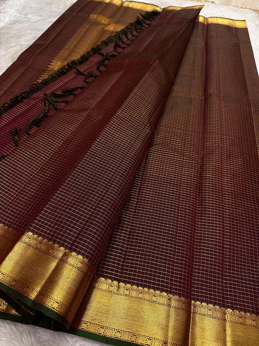 Deep Cocoa Brown Kanchipuram silk saree — full front view, zari kattam weave — Idam Living