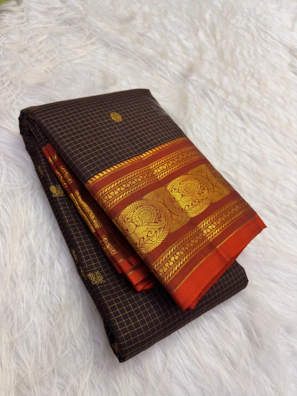 Deep Cocoa Brown Pure Silk Kanjipuram Zari Kattam Saree - burnt orange heritage border detail