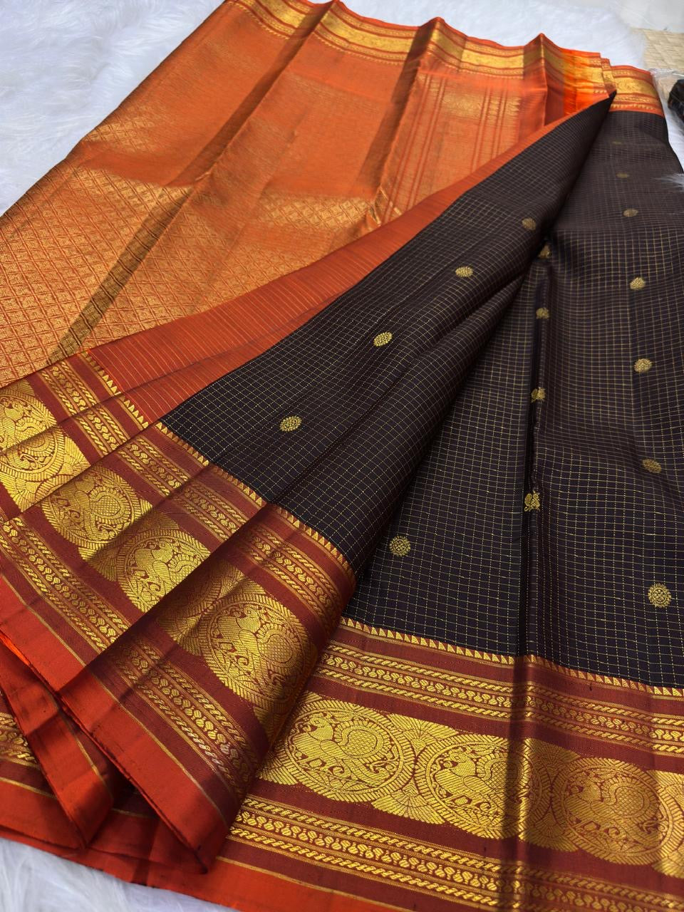 Deep Cocoa Brown Pure Silk Kanjipuram Zari Kattam Saree - front view
