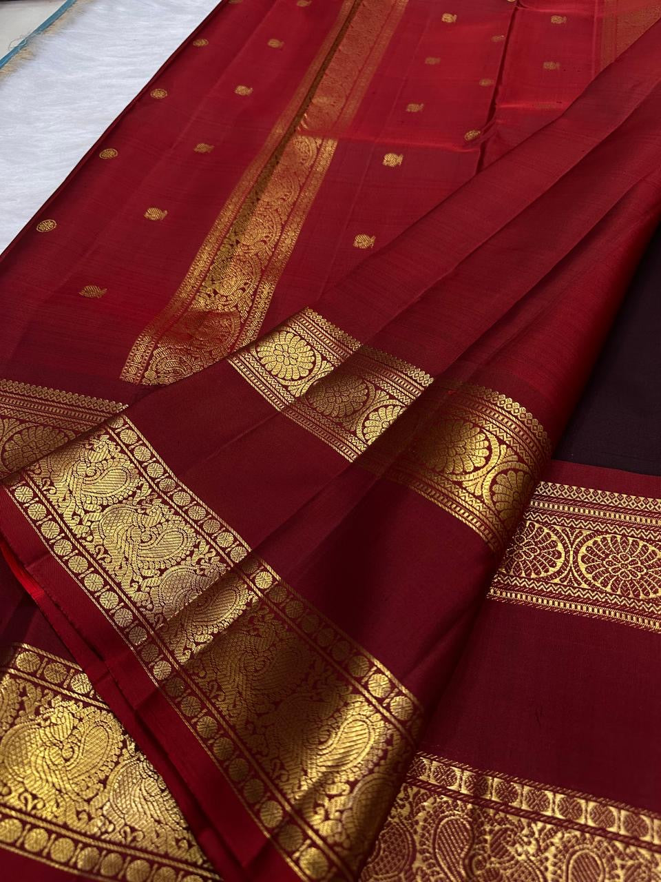 Deep Cocoa Handwoven Pure Silk Kanchipuram Rettapet Saree — full saree view — Idam Living