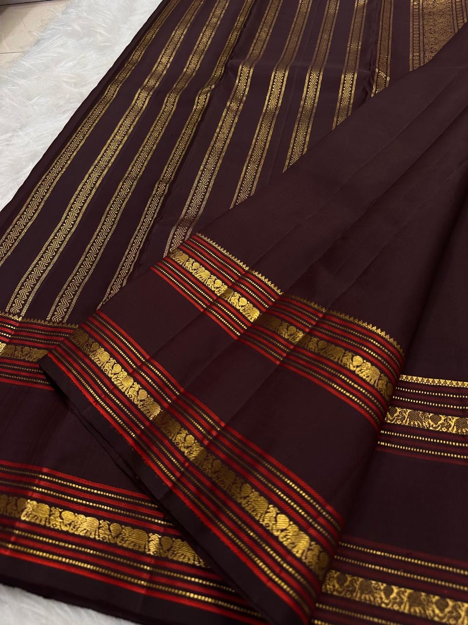 Coffee Kanjipuram saree with red and gold border
