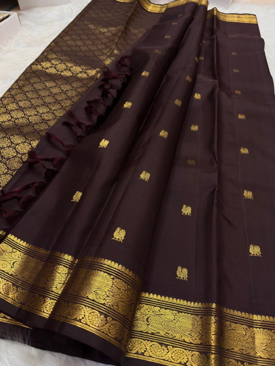 Deep Coffee Brown Kanchipuram Butta saree with mythic bird thanga-zari border