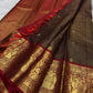 Deep Coffee Brown Zari Kattam Kanchipuram saree showing Arakku Red Gandaberunda motifs in gold zari.