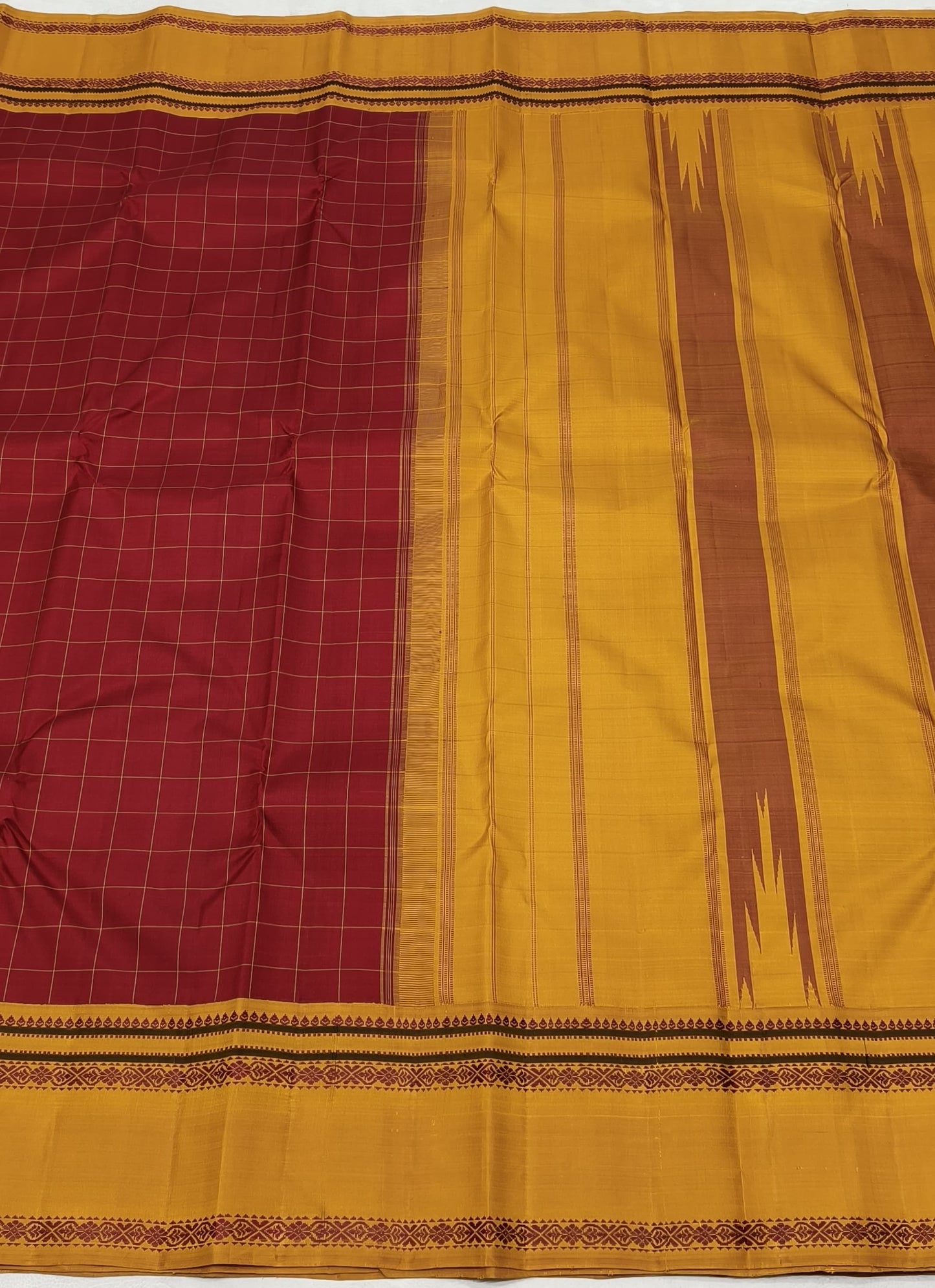 No zari Kancheepuram silk saree in deep crimson with structured geometric woven checks