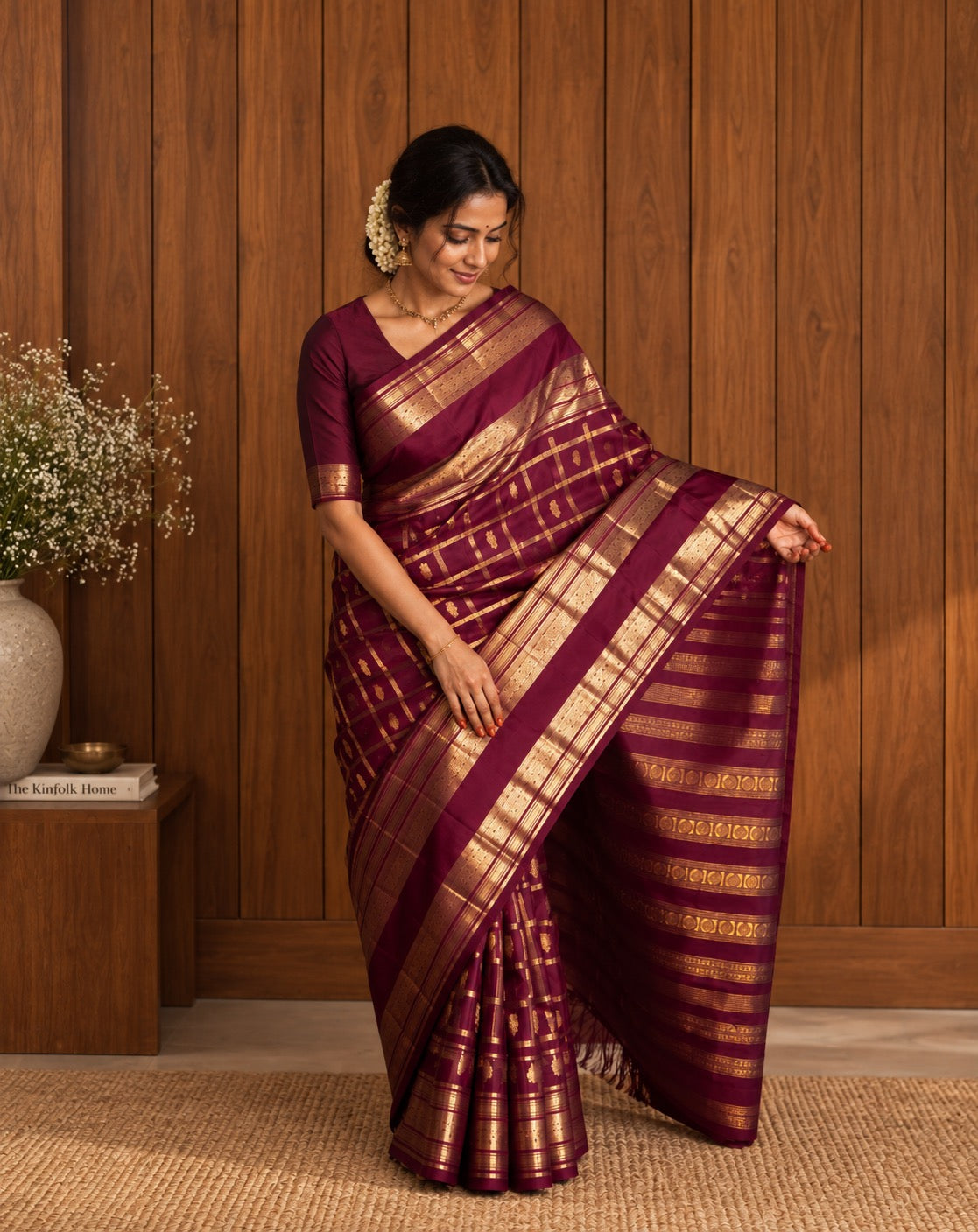 Deep Ennai Arakku pure silk Kanchipuram Zari Kattam saree with Pakshi-inspired classic gold zari border.