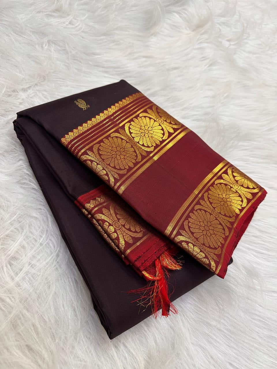 Deep espresso brown Pure Silk Kanchipuram Rettapet saree with Arakku red kamalam gold zari border, detail view 2