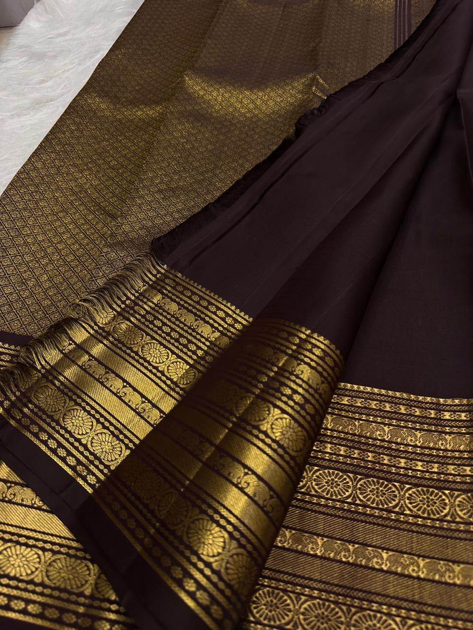Close folded border view with circular gold zari registers and ornate handwoven detailing