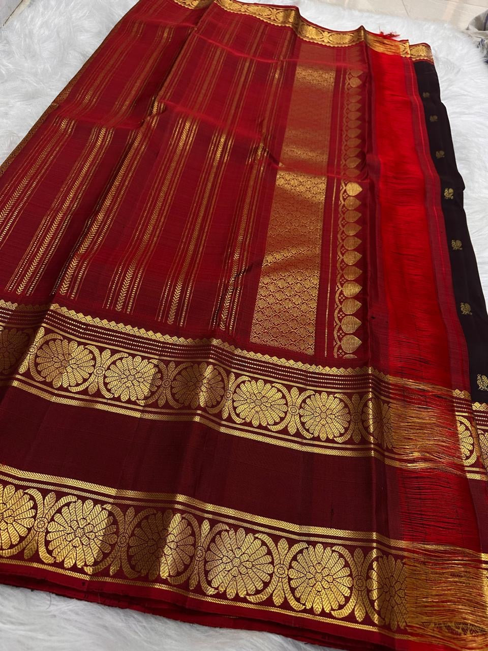 Deep espresso brown Pure Silk Kanchipuram Rettapet saree with Arakku red kamalam gold zari border