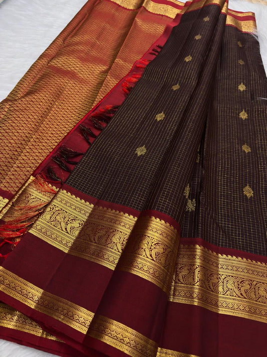 Deep Espresso Brown Pure Silk Kanchipuram Zari Kattam saree