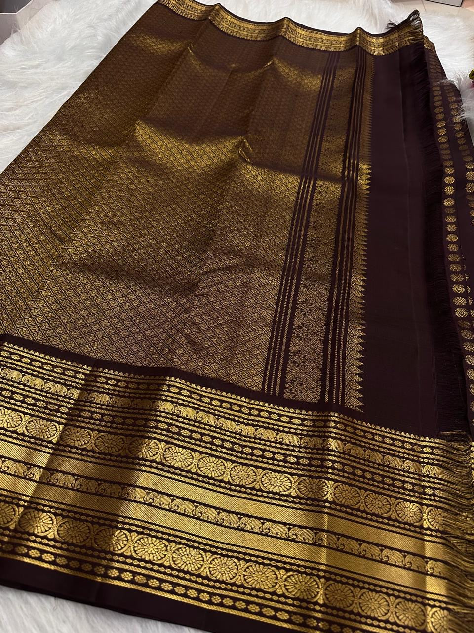 Folded Deep Espresso Brown Rettapet saree with petite gold Mail buttas and layered zari border