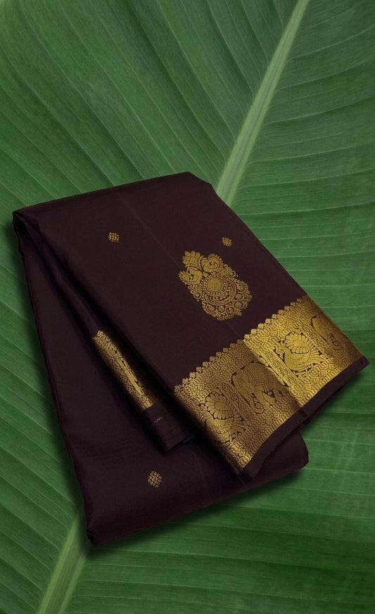 Kanchipuram silk saree in deep espresso brown with yaanai mayil motif border Mayil Butta weave folded view