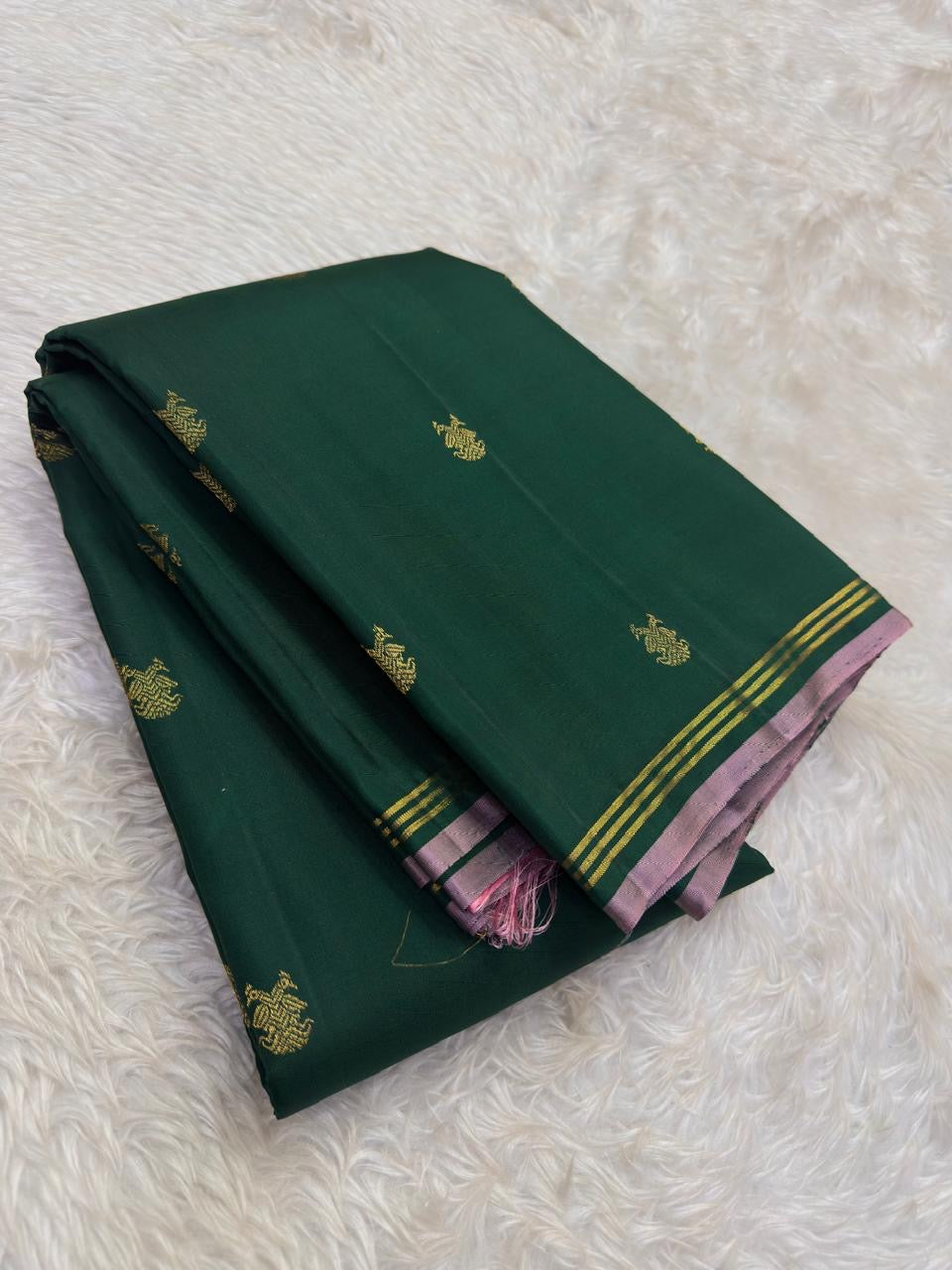 Deep Forest Green handwoven pure silk Kanjivaram Butta saree — full front view — Idam Living