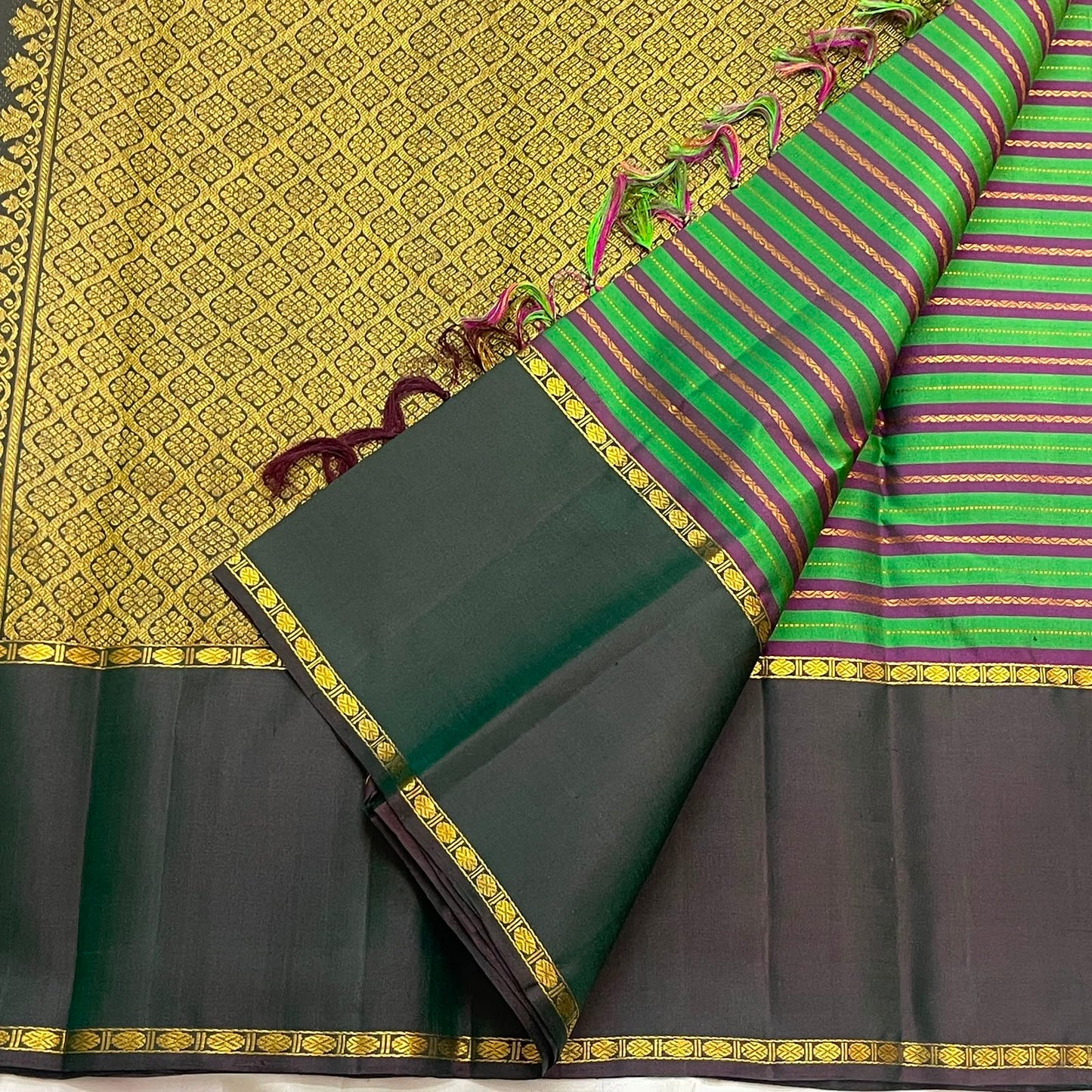 Parrot Green and Deep Purple Handwoven Pure Silk Kanjipuram Rettapet Saree with Veldhari Vazhaipoo Stripes