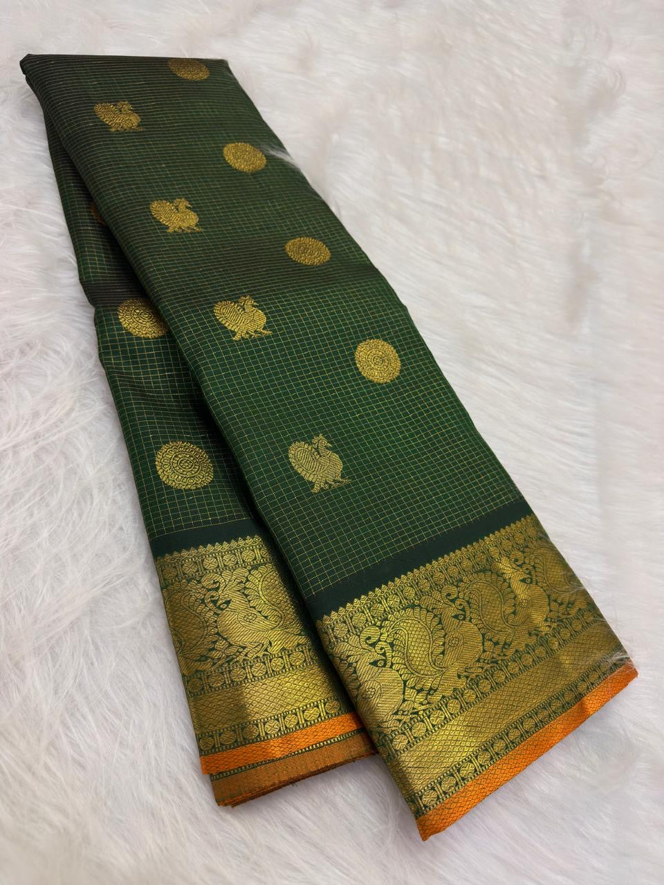 Deep Forest Green handwoven pure silk Kancheepuram saree, Zari Kattam weave with canary gold border — full saree overview — Idam Living