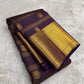 Close view of Zari Kattam body showing fine gold grid and Gandaberunda Butta on deep grape purple silk