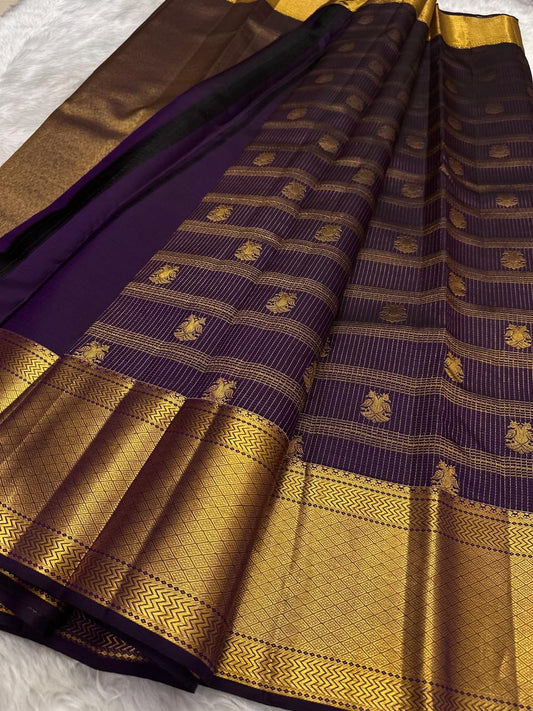Deep grape purple handwoven pure silk Kanchi Pattu saree with Zari Kattam Gandaberunda Butta and Varisaipet border — Idam Living