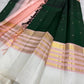 Deep Green Kancheepuram saree with Ivory Petal Pink Pettu, Maanga medallions and fine gold Seer bands