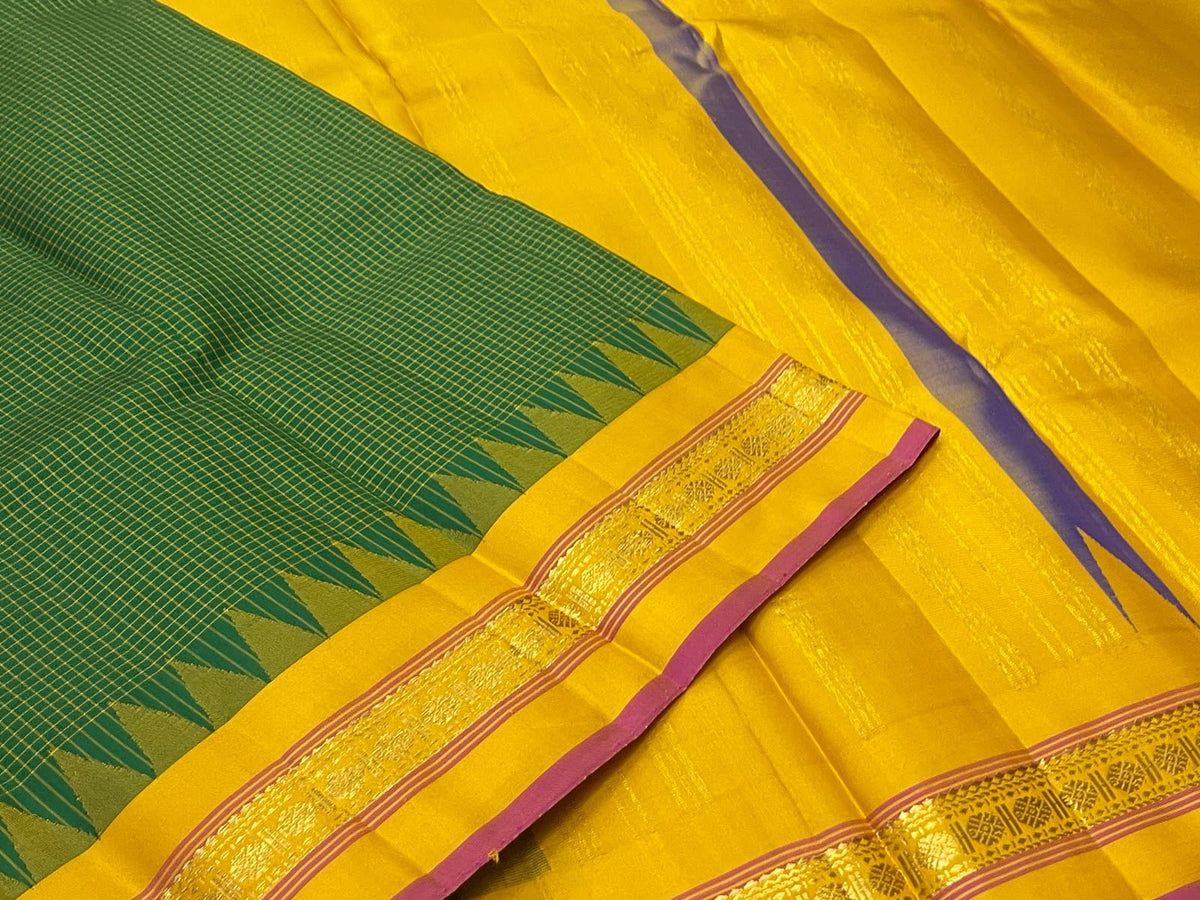 Deep Green Handwoven Pure Silk Kanjivaram Kanchi Kattam Saree with Manjal Pillayar Rekku Border