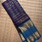 Deep Indigo Handwoven Pure Silk Kancheepuram Zari Kattam Saree with Peacock Blue Zari Border – front full drape view