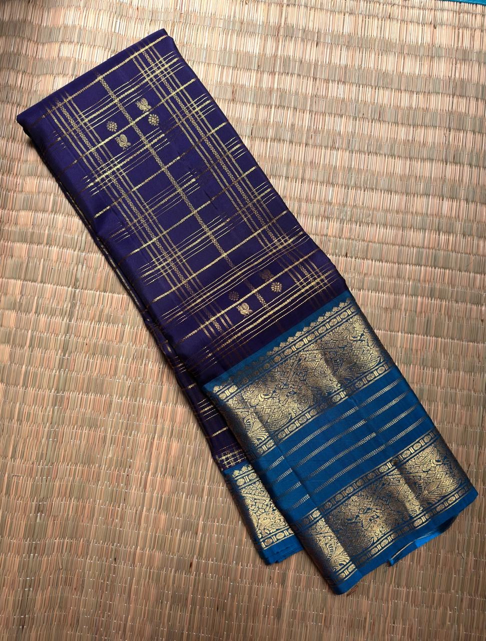 Deep Indigo Handwoven Pure Silk Kancheepuram Zari Kattam Saree with Peacock Blue Zari Border – front full drape view