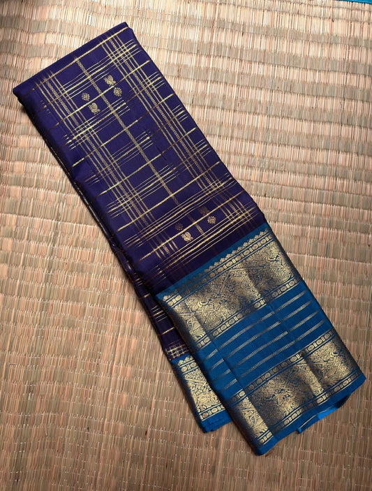 Deep Indigo Handwoven Pure Silk Kancheepuram Zari Kattam Saree with Peacock Blue Zari Border – front full drape view