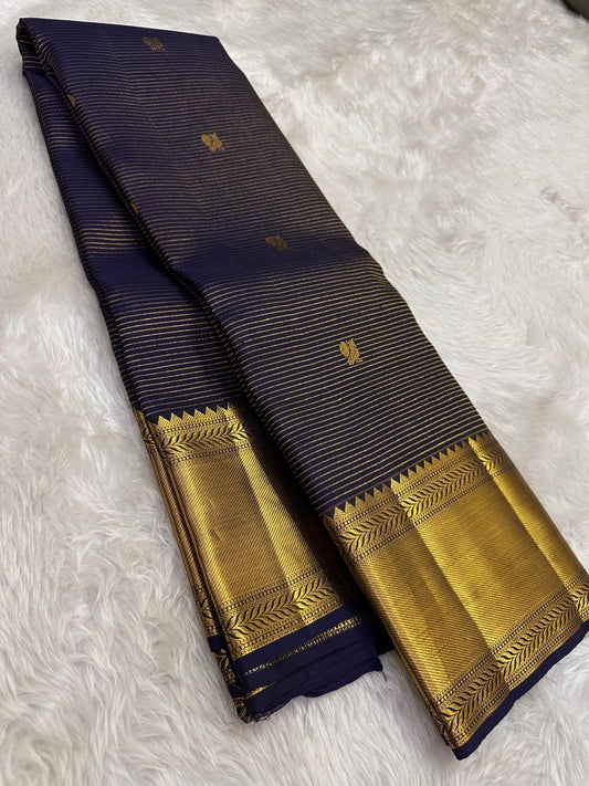 Deep indigo handwoven pure silk Vairaoosi Kanchipuram saree — full saree overview — Idam Living