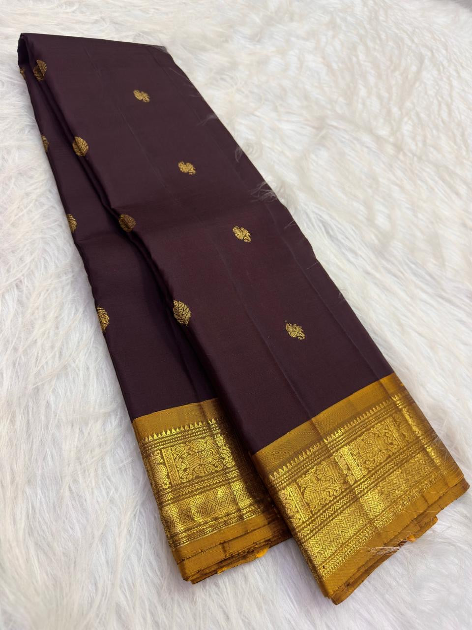 Deep Aubergine Jamun Handwoven Pure Silk KanchiPattu Saree with Petite Zari Buttas and Antique Gold Border