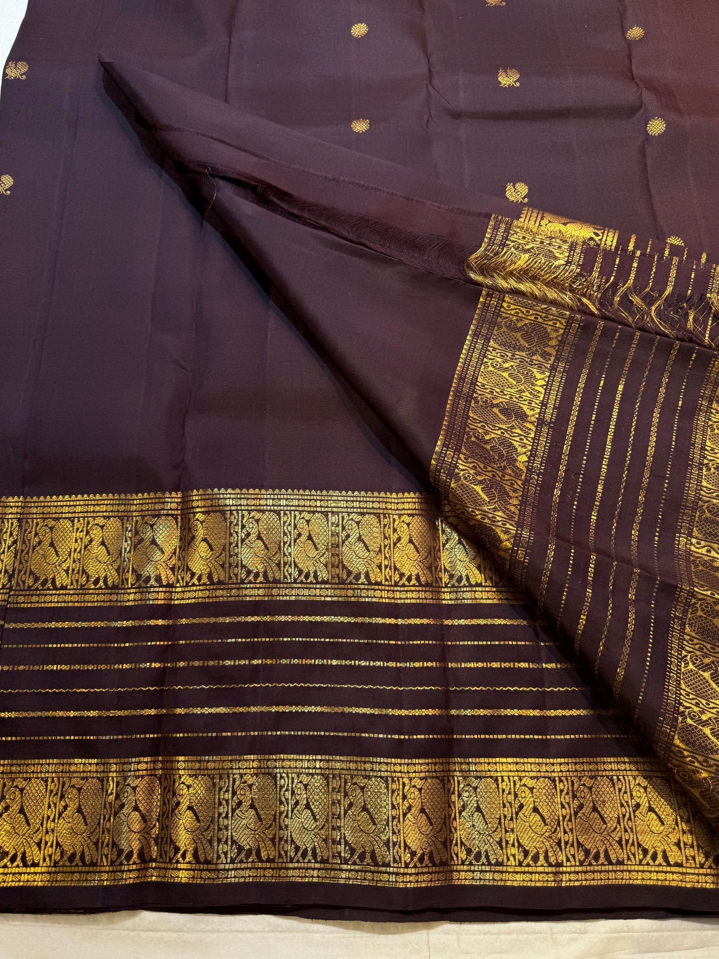 Deep cocoa aubergine brown handwoven pure silk Varisaipet saree by Idam Living.