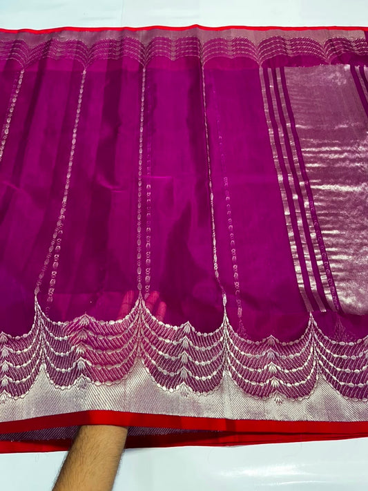 Deep magenta Katan Silk Chanderi saree folded, full view