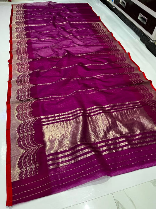 Handwoven deep magenta Chanderi saree, full drape
