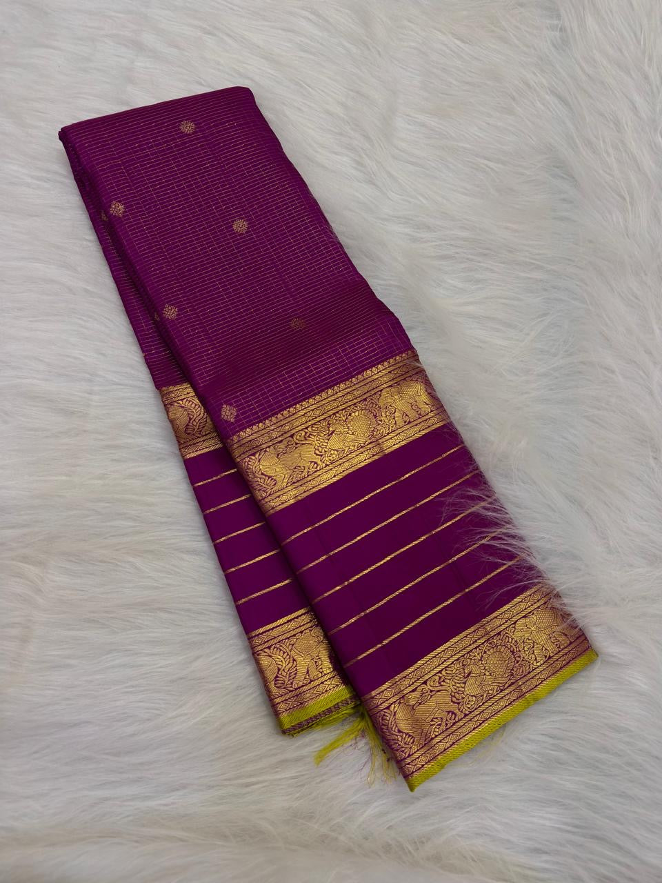Deep Purple Handwoven Pure Silk Kanjivaram Saree with Zari Kattam Kamalam Butta and Vanasringaram Yaanai Border