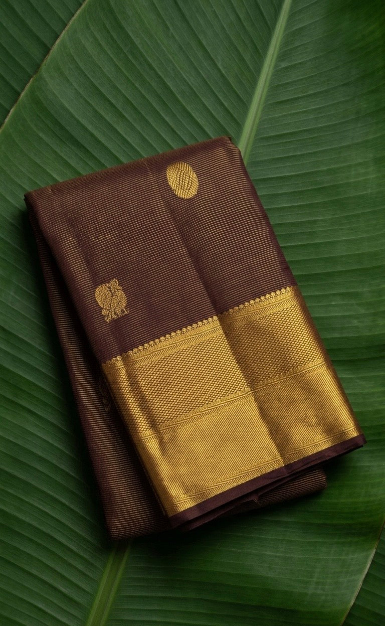 Deep Mahogany Brown and Antique Gold Handwoven Pure Silk Kanchipuram Saree with Vairaoosi and Mayil Chakram Butta