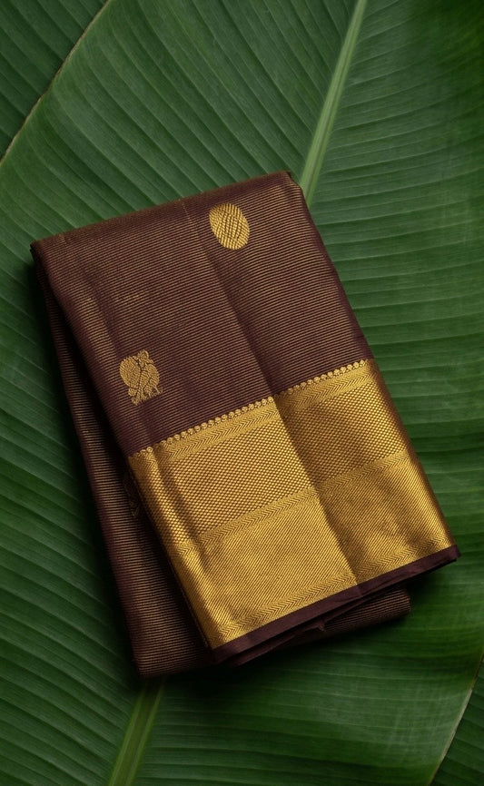 Deep Mahogany Brown and Antique Gold Handwoven Pure Silk Kanchipuram Saree with Vairaoosi and Mayil Chakram Butta