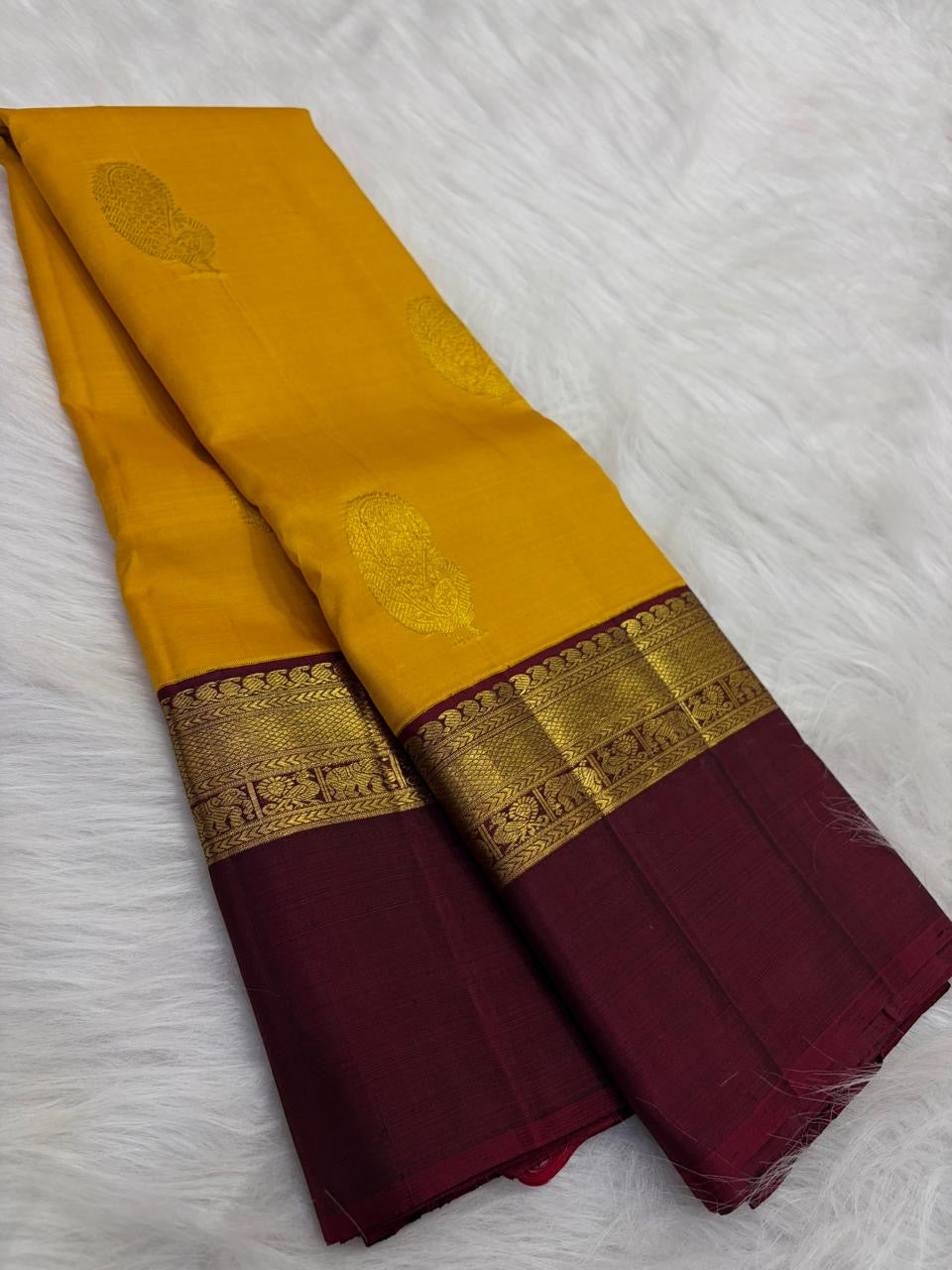 Mustard Yellow pure silk Kanchipuram saree — deep maroon border