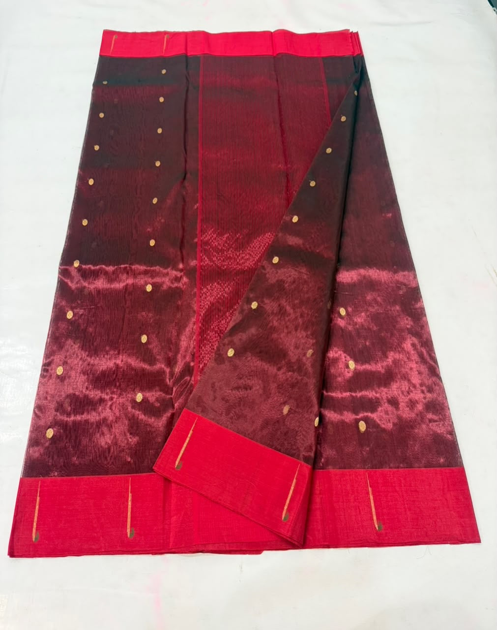Deep maroon Chanderi Tissue Silk saree with vivid red border