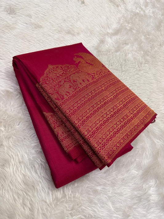 Deep Maroon handwoven pure silk Kanjivaram saree with floral butta motifs — full saree overview — Idam Living