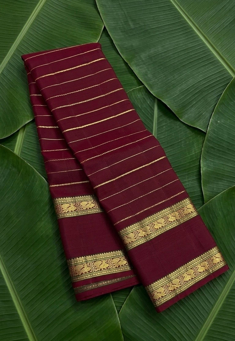 Deep maroon handwoven Kanjeevaram pure silk saree with seepu reku body and forest green rettapet border — Idam Living