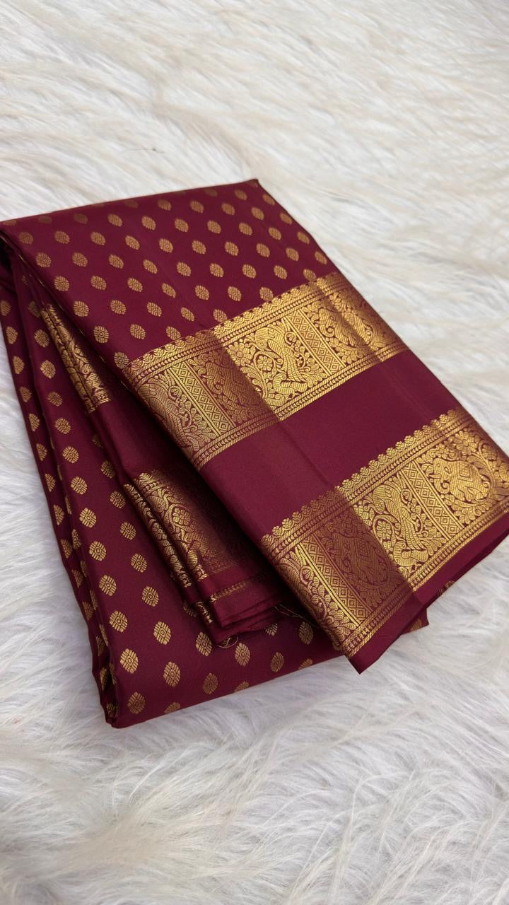 Deep maroon Rettapet Kanjeevaram saree with gold buttas
