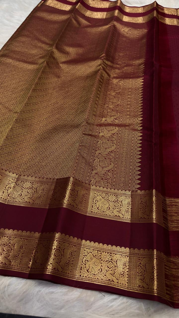 Deep maroon Rettapet Kanjeevaram Vanasringaram saree