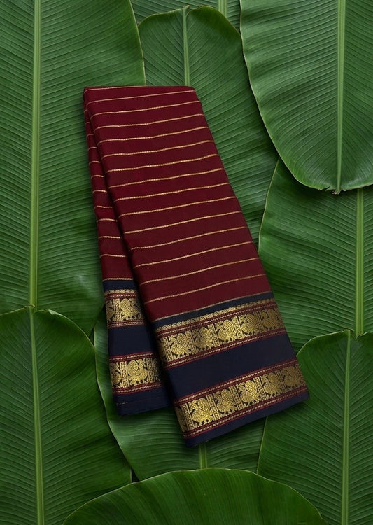 Deep maroon and navy blue handwoven Kanchipuram pure silk saree with seepu reku body and rettapet border — Idam Living