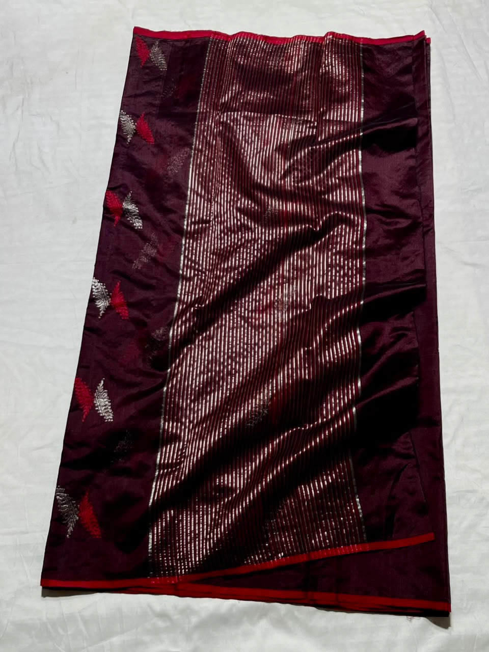 Deep Maroon Handwoven Pattu Silk Chanderi Saree with Silver-Coral Feather Motifs