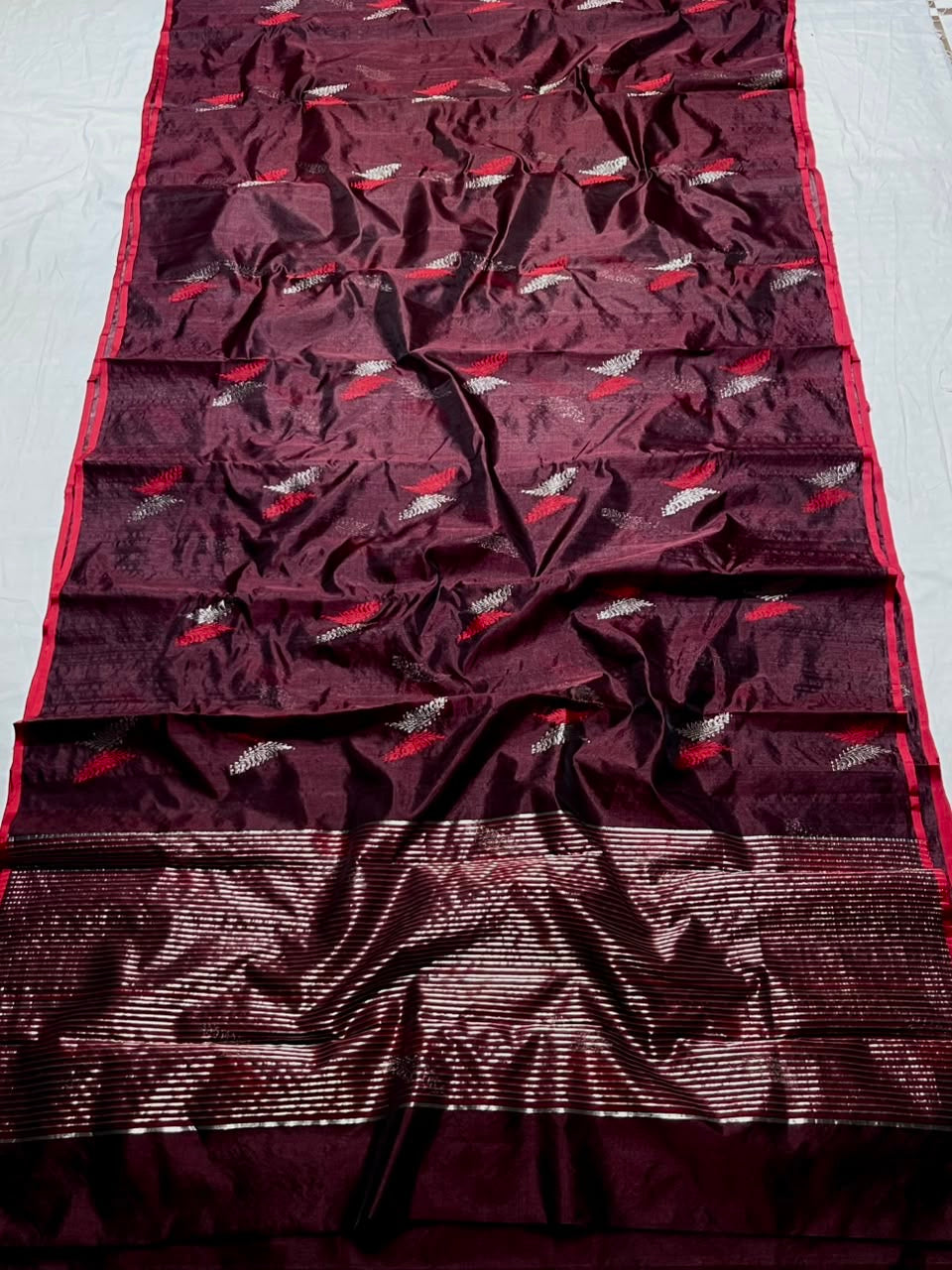 Deep Maroon Handwoven Pattu Silk Chanderi Saree with Silver-Coral Feather Motifs