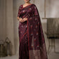 Deep Maroon Handwoven Pattu Silk Chanderi Saree with Silver-Coral Feather Motifs