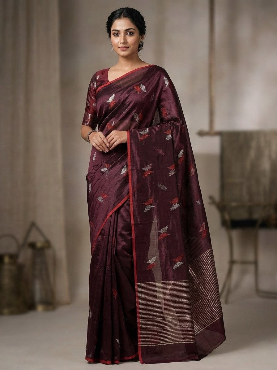 Deep Maroon Handwoven Pattu Silk Chanderi Saree with Silver-Coral Feather Motifs
