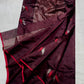 Deep Maroon Handwoven Pattu Silk Chanderi Saree with Silver-Coral Feather Motifs