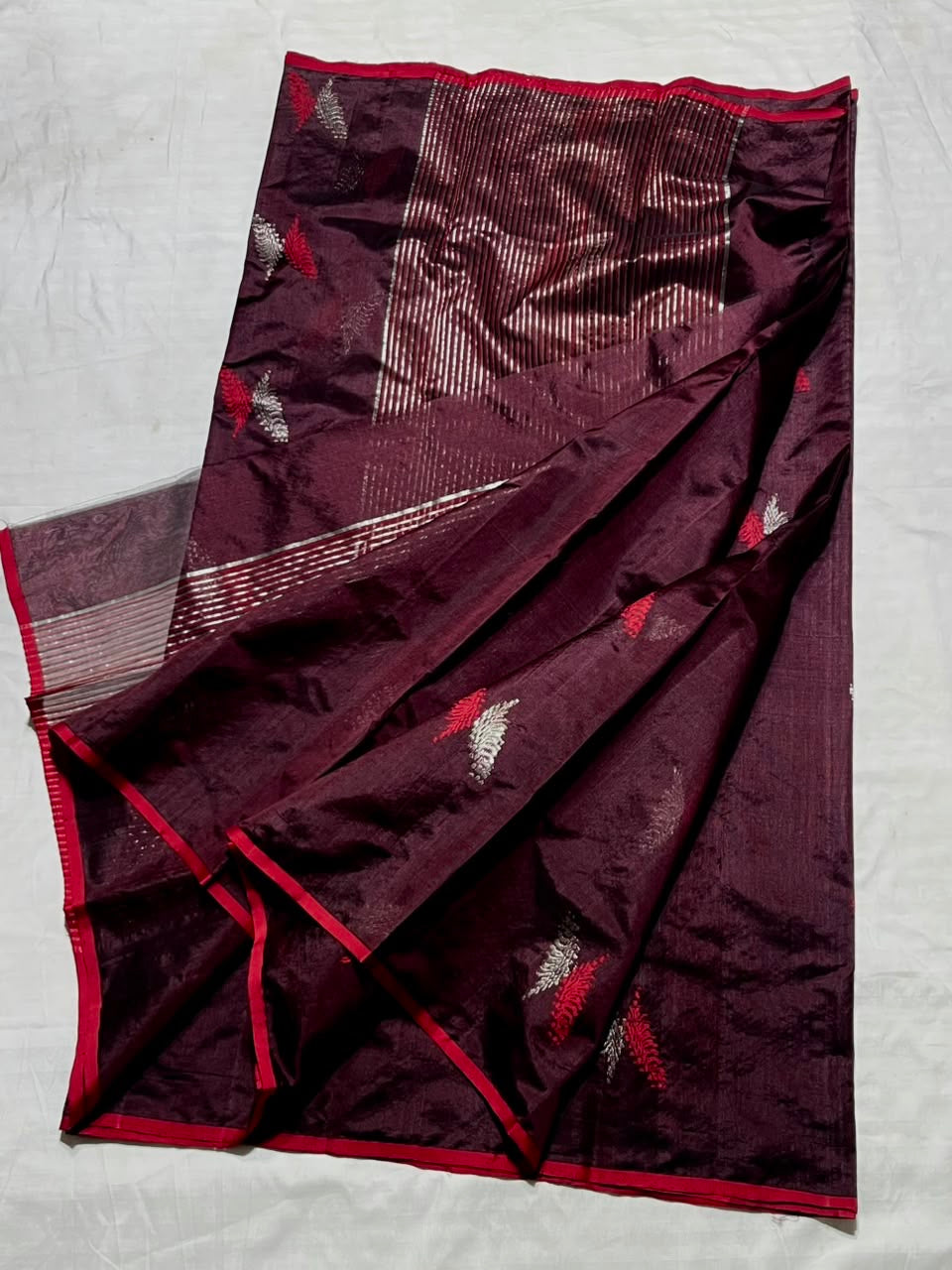 Deep Maroon Handwoven Pattu Silk Chanderi Saree with Silver-Coral Feather Motifs