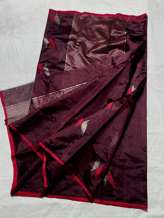 Deep Maroon Handwoven Pattu Silk Chanderi Saree with Silver-Coral Feather Motifs